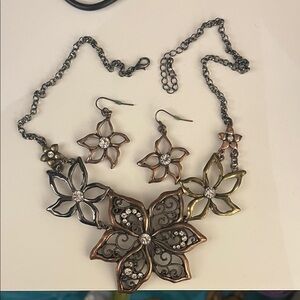 Elegant Floral Necklace and Earring Set in Gold and Silver and rose gold tones.